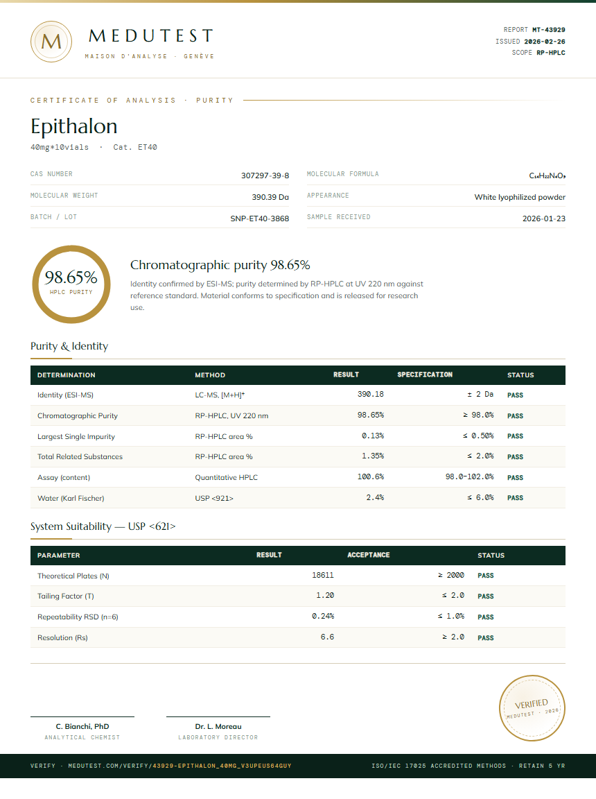 Epithalon Purity Test Report by Medutest