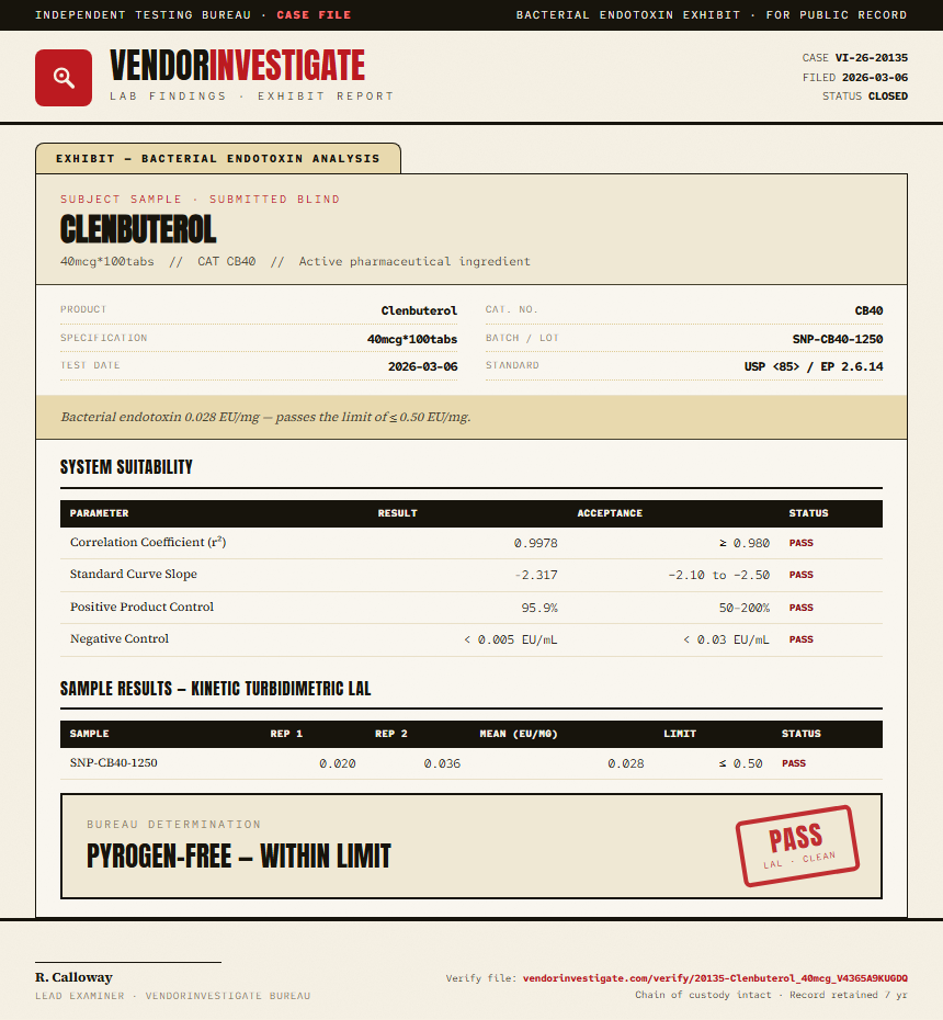Clenbuterol Endotoxin report by VendorInvestigate